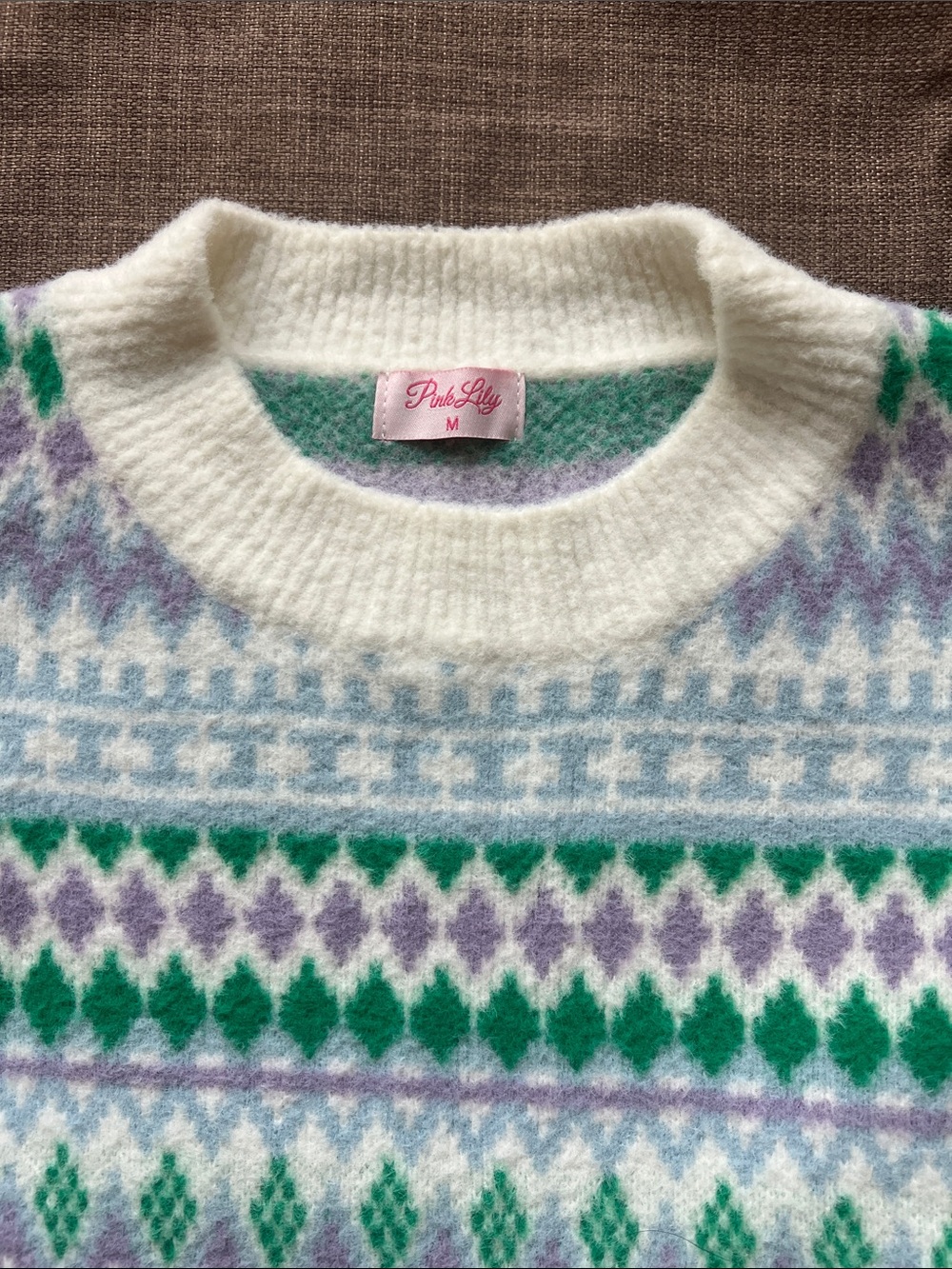Pink Lily White Crewneck Sweater with Green & Lavender Fair Isle - Picture 3 of 7